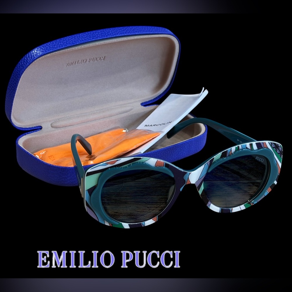 Emilio Pucci Multicolor Patterned Round Sunglasses w Teal Temples new with case! - Picture 1 of 9